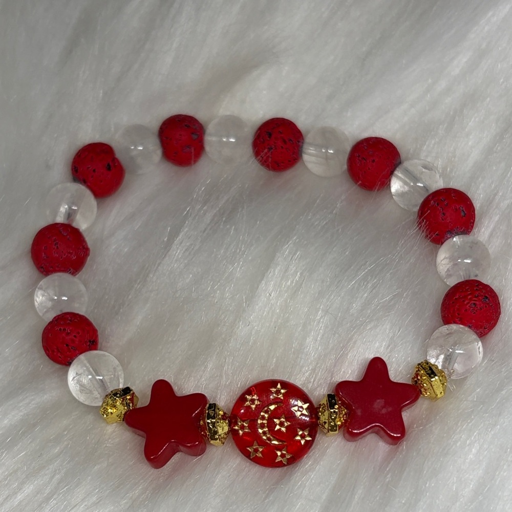 Quartz, Lava, and Jade Moon and Stars Stretch Bracelet